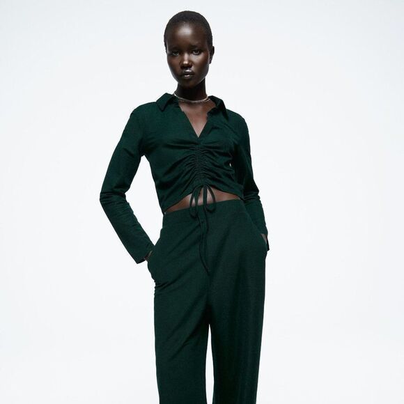 Zara T-SHIRT WITH RUCHING DEEP GREEN - Picture 2 of 7